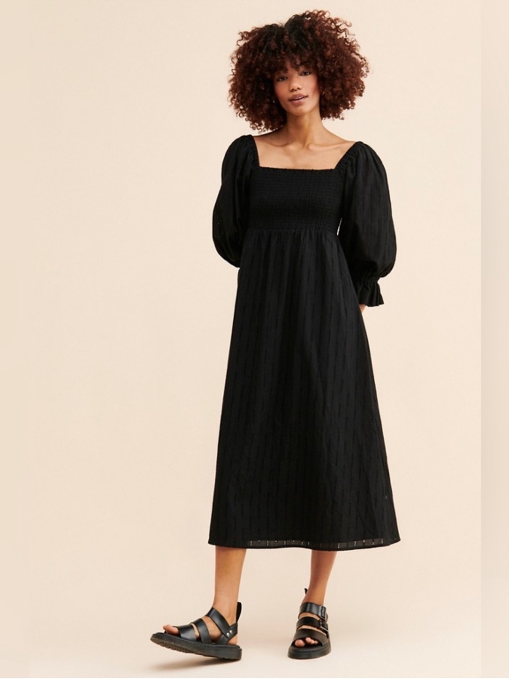 Hutch Black Smocked Square-Neck Midi Dress with Puff Sleeves